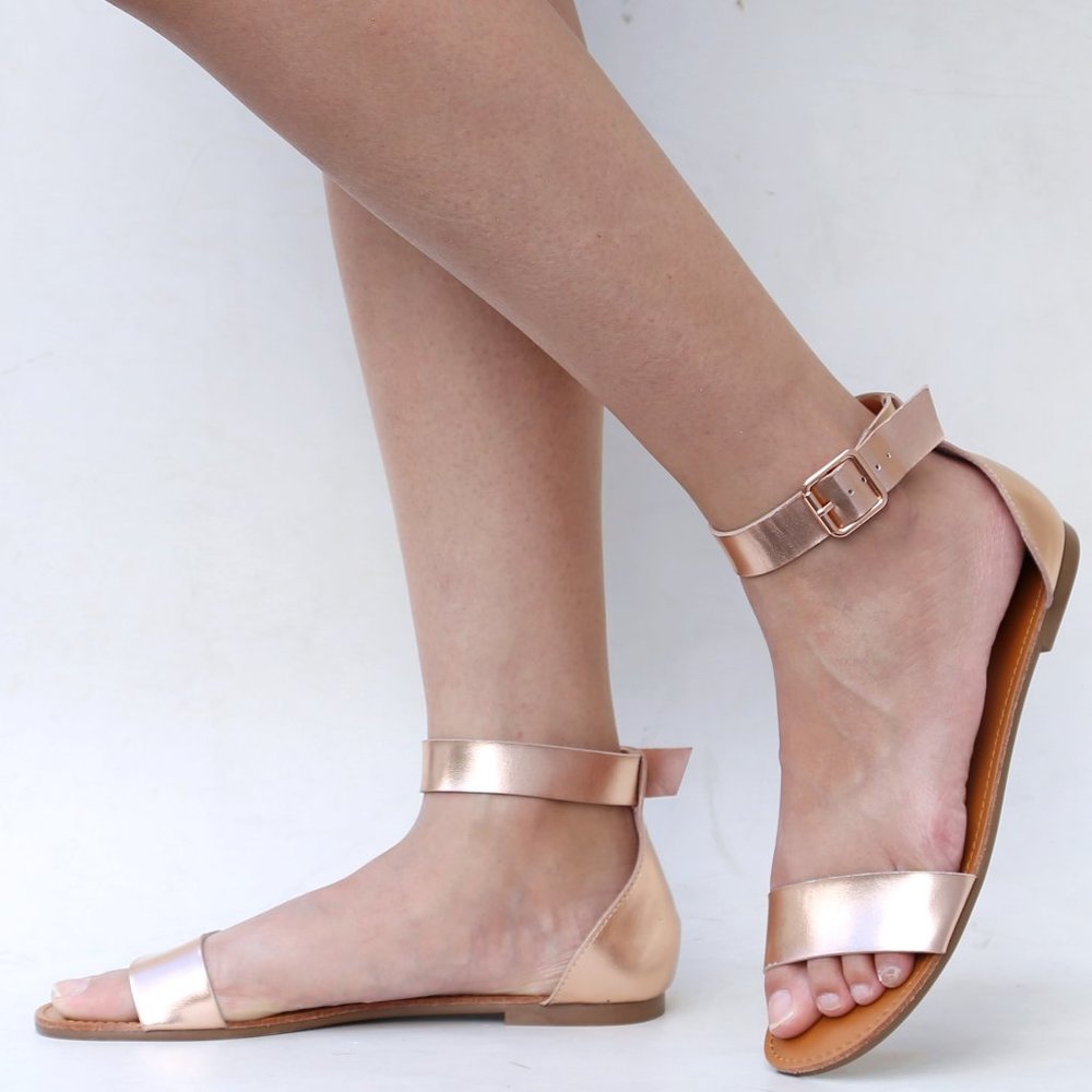 New Rose Gold Single Band Ankle Strap Flat Sandals